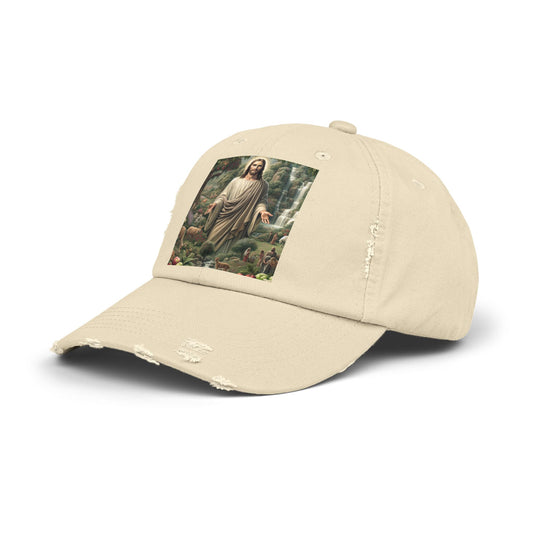 Distressed Cap with Nature Jesus Design, Casual Hat, Gift for Faith and Nature Lovers, Vintage Style, Perfect for Summer Outings