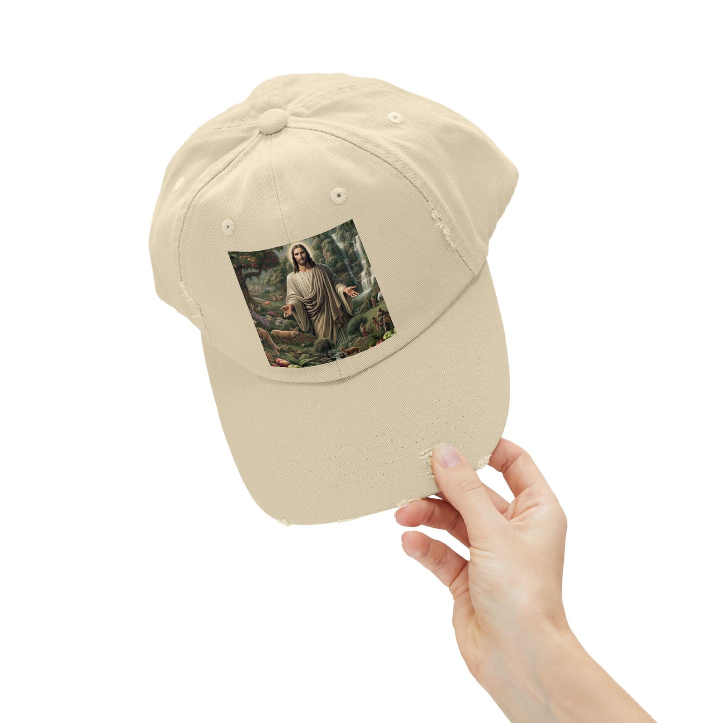 Distressed Cap with Nature Jesus Design, Casual Hat, Gift for Faith and Nature Lovers, Vintage Style, Perfect for Summer Outings