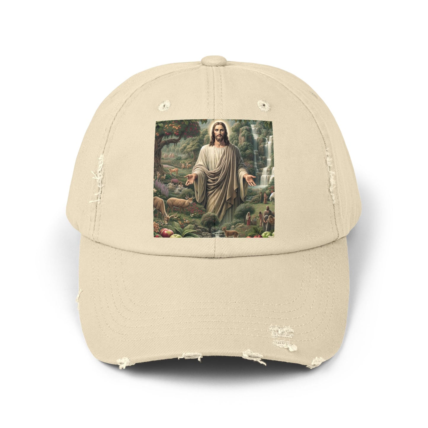 Distressed Cap with Nature Jesus Design, Casual Hat, Gift for Faith and Nature Lovers, Vintage Style, Perfect for Summer Outings