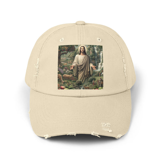 Distressed Cap with Nature Jesus Design, Casual Hat, Gift for Faith and Nature Lovers, Vintage Style, Perfect for Summer Outings
