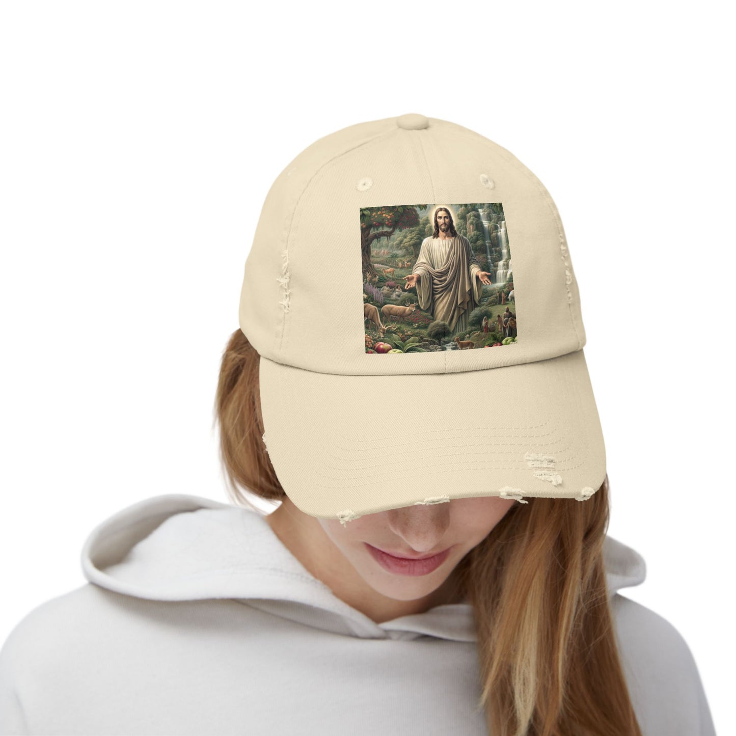 Distressed Cap with Nature Jesus Design, Casual Hat, Gift for Faith and Nature Lovers, Vintage Style, Perfect for Summer Outings